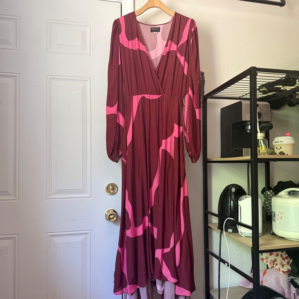 MEGAN RENEE burgundy pink puff balloon long sleeve surplice hi lo maxi dress
